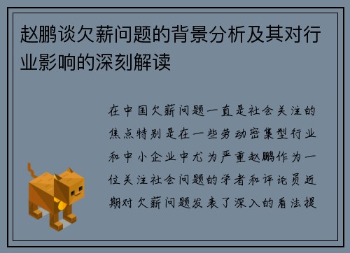 赵鹏谈欠薪问题的背景分析及其对行业影响的深刻解读