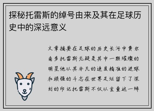 探秘托雷斯的绰号由来及其在足球历史中的深远意义 探秘托雷斯的绰号由来及其在足球历史中的深远意义