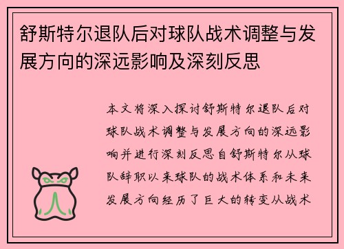 舒斯特尔退队后对球队战术调整与发展方向的深远影响及深刻反思 舒斯特尔退队后对球队战术调整与发展方向的深远影响及深刻反思