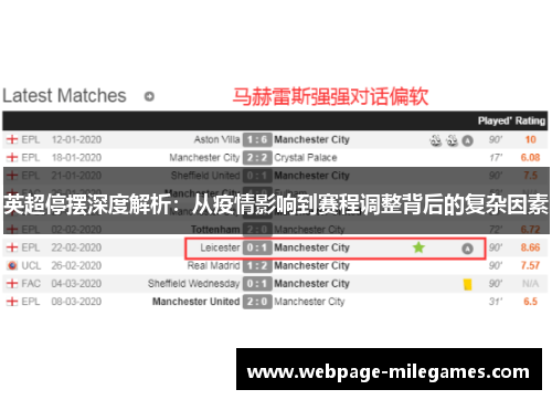 英超停摆深度解析：从疫情影响到赛程调整背后的复杂因素